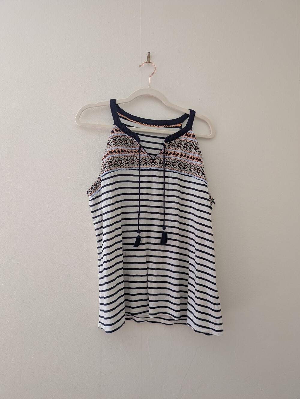 Striped Halter Tank with Embroidered Yoke - Navy & White